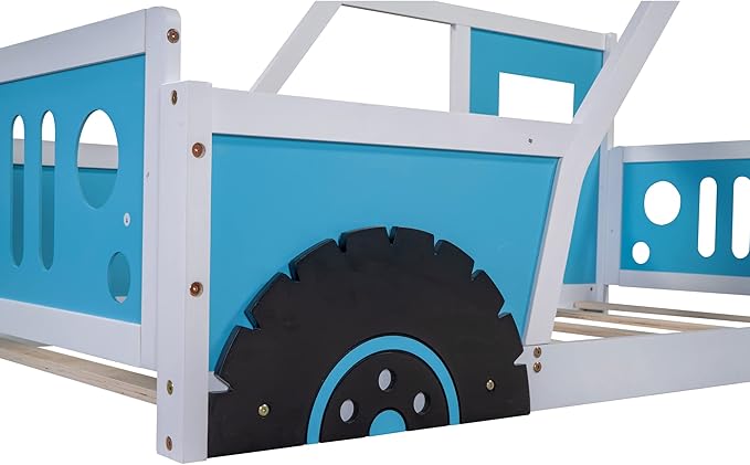 Bellemave Twin Car Bed Frame, Classic Car-Shaped Toddlers Bed with Wheels, Wooden Montessori Floor Bed for Kids (Blue & Black)
