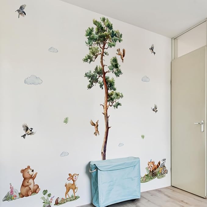 Large Pine Tree Wall Decal Forest Animal Wall Stickers 6 Sheets Woodland Animals Bear Decor Waterproof Peel and Stick Wall Murals Decals for Nursery Boys Bedroom Classroom (Jungle Pine Tree)