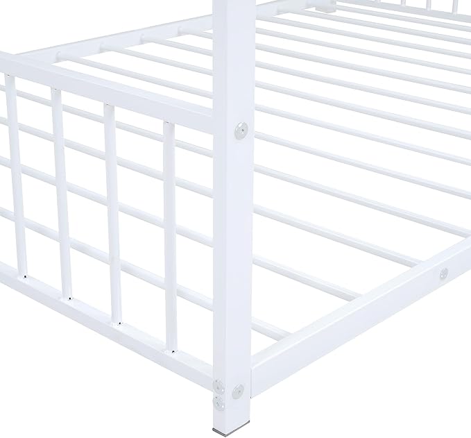 Full Size House Shaped Montessori Platform Beds, Wood Floor Bed Frame with Roof and Fence Deisgn, Kids Double Toddler Bed for Children Boys Girls, Easy Assemble, No Box Spring Needed, White
