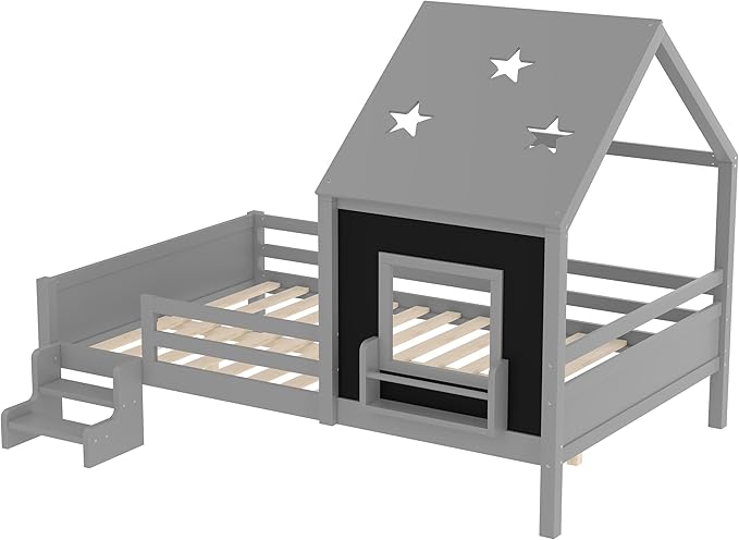 Bellemave Full House Bed with Rails or guardrails and Bookcase, Wooden Full House Shape Platform Bed for Boys, Girls, Teens, Gray