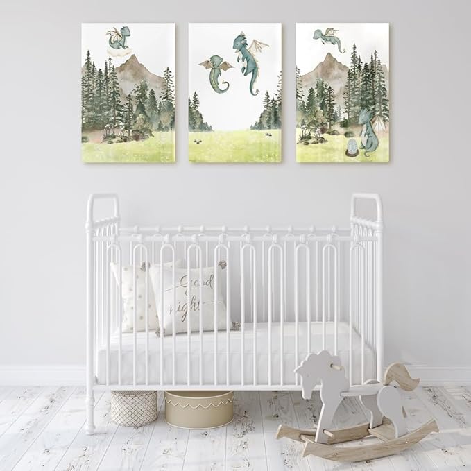 Green Baby Dragon Nursery Wall Decor, Dragon Egg Nursery Print for Baby Boy's Bedroom, Woodland Forest Mountain Wall Art, Nature Animal Art for Kids Room Decor, Framed Set of 3 Canvas, 12"x16"x3