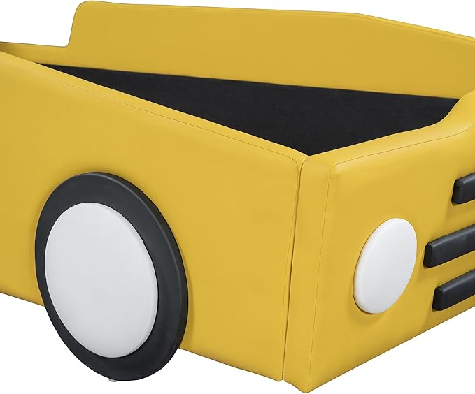 Twin Size Car Bed for Boys,Race Car-Shaped Wooden Platform Bedframe with Wheels & Rails on Both Sides,Slats Support,Fun Play for Kids Toddlers Kid's Bedroom,Yellow PU