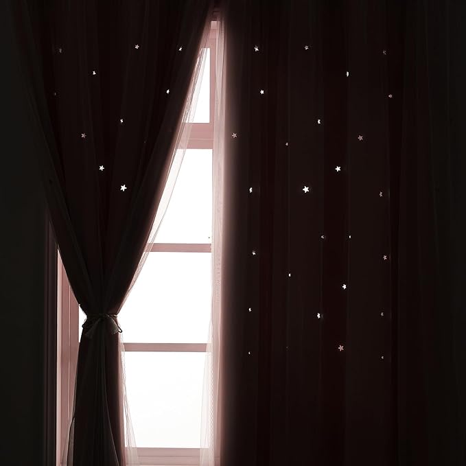 Light Pink Blackout Curtains for Girls Bedroom - Aesthetic Star Cutout Double Layer with White Sheer Overlay, 72 Inch Length 1 Panel Cute Curtain Baby Nursery Toddler Room Decor Drapes