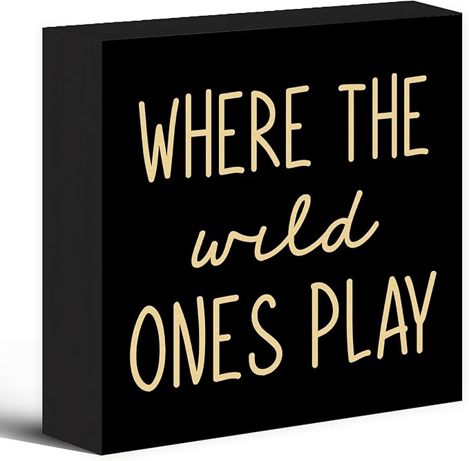 Where The Wild Ones Play Black Yellow Wood Box Sign Desk Decor 5X5, Nursery Kids Room Wooden Block Sign Decorations for Playroom Toddler Room Wall Tabletop Shelf Decor