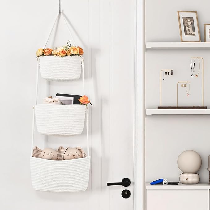 Hanging Storage Baskets, 3-Tier Over the Door Basket, Cotton Wall Baskets Storage, Detachable Hanging Door Basket with 4 Hooks, Over the Door Organizer Nursery for Bedroom, Living Room, Bathroom Wall
