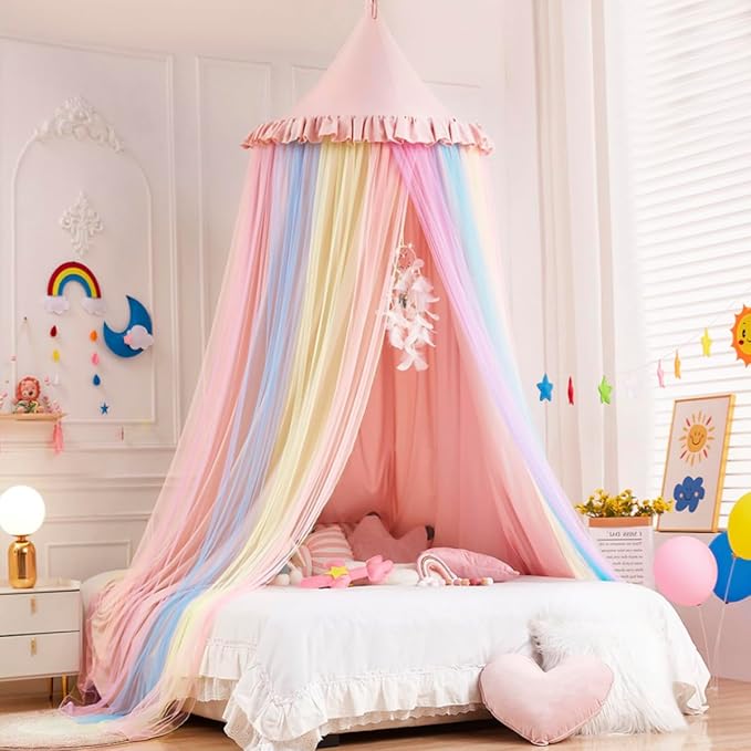 Kertnic Rainbow Bed Canopy for Girls Dreamy Mosquito Net for Bed Round Dome Princess Bed Canopy Girl Room Play Tent Kids Canopy Bed Netting Curtains (Beige Pink Rainbow)
