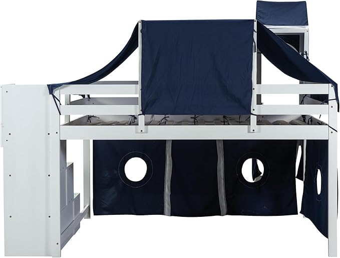 Playhouse Full Size Low Loft Bed with Slide & Tent and Tower, Solid Wood Tent Bed Frame with Storage Staircase for Kids Teens Boys Girls, Versatile Spacious Under Bed Space with Curtains (Blue-TXF)