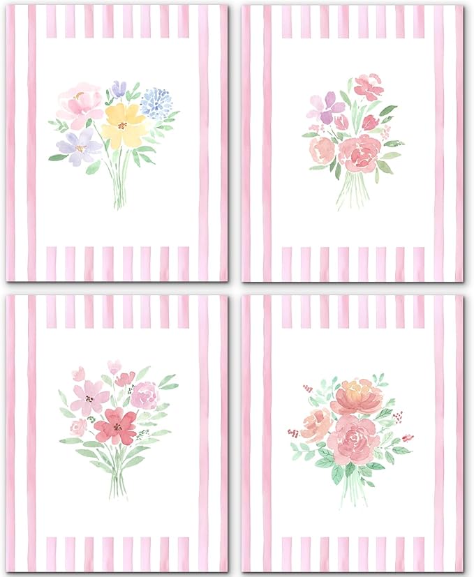 JINYO Preppy Pink and White Striped Floral Wall Art Prints Set of 4, Floral Room Decor, Pastel Rustic Wildflower Botanical Posters Pictures Wall Decor for Girls Bedroom Dorm, 8x10 Unframed