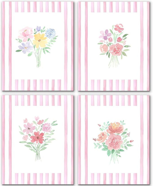 JINYO Preppy Pink and White Striped Floral Wall Art Prints Set of 4, Floral Room Decor, Pastel Rustic Wildflower Botanical Posters Pictures Wall Decor for Girls Bedroom Dorm, 8x10 Unframed