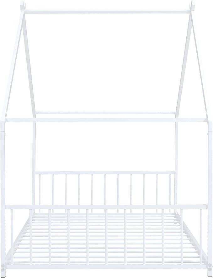 Twin Size House Shaped Montessori Platform Beds, Wood Floor Bed Frame with Roof and Fence Deisgn, Kids Double Toddler Bed for Children Boys Girls, Easy Assemble, No Box Spring Needed, White