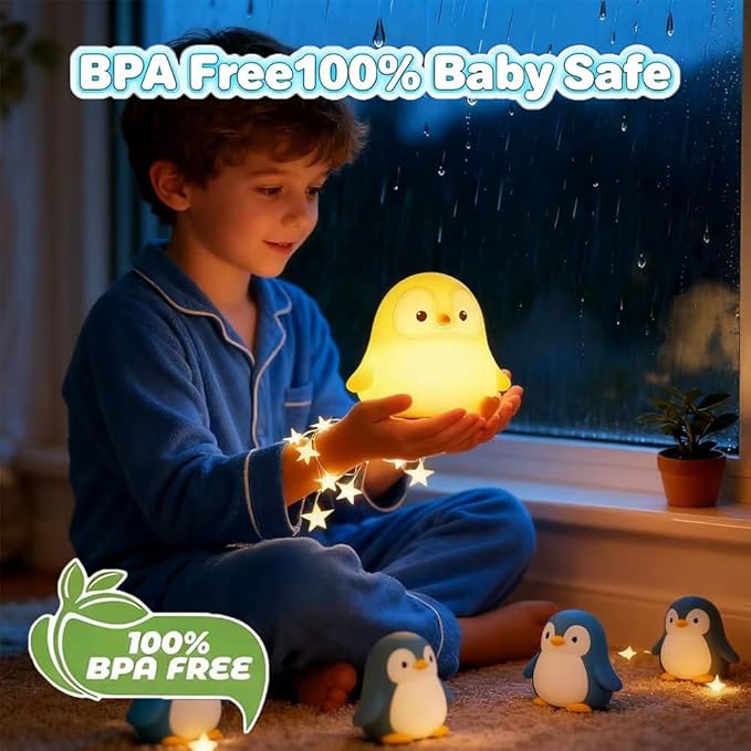 Cute Penguin Night Light for Kids Bedroom, Animal Silicone Nursery Night Lamp Touch Control Nightlights USB Rechargeable Bedside Lamp for Baby Children Toddlers Girls Gift