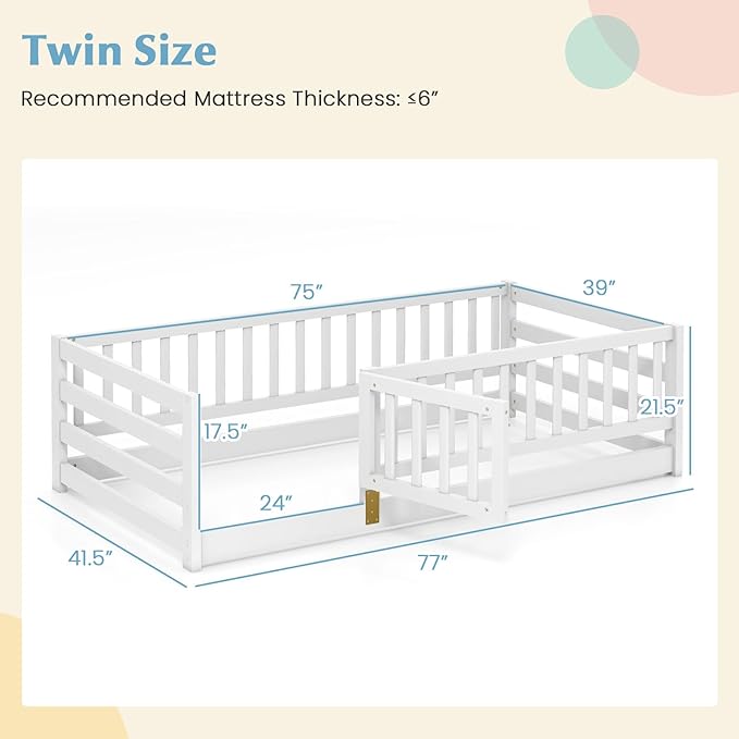 Giantex Twin Floor Bed with High Fence & Door, Montessori Floor Bed with 21.5" Safety Guardrails, Solid Wood Twin Beds Frame for Kids Girls, Boys, Without Slats, White