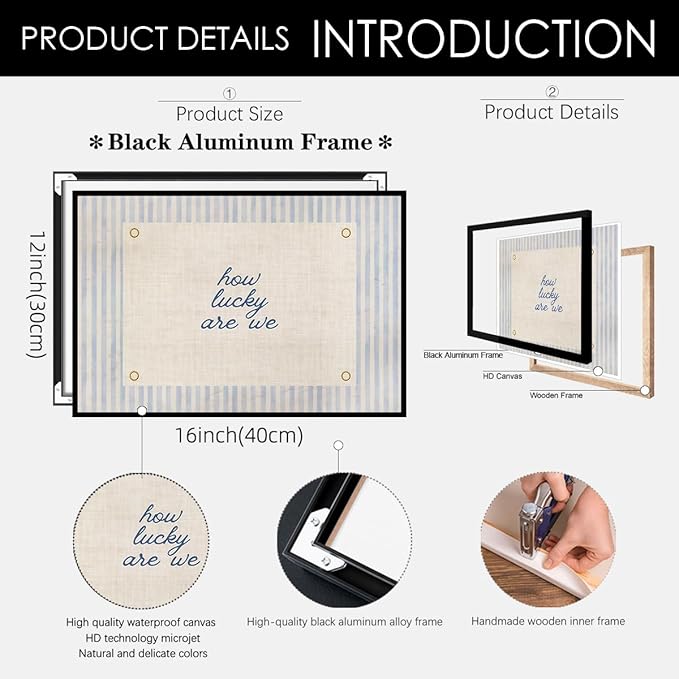 How Lucky Are We Quote Wall Art Navy Blue Positive Affirmations Poster 12x16 inch Black Framed Trendy Minimalist Aesthetic Canvas Prints for Dorm Bedroom Wall Decor