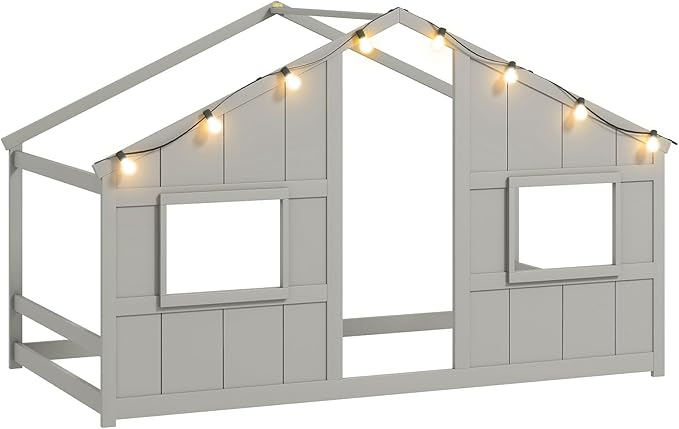 Twin Montessori Floor Bed with Roof, LED Light, Wood House Bed Frame with Headboard and 2 Windows, Low to Ground Cute Playhouse Bed for Kids, Girls, Boys, Without Slats (Grey)