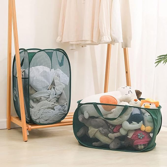 4 Piece Popup Mesh Laundry Basket Durable Handles Collapsible Laundry Baskets Folding Clothes Pastic Hamper for Laundry Room College Dorm (Beige)