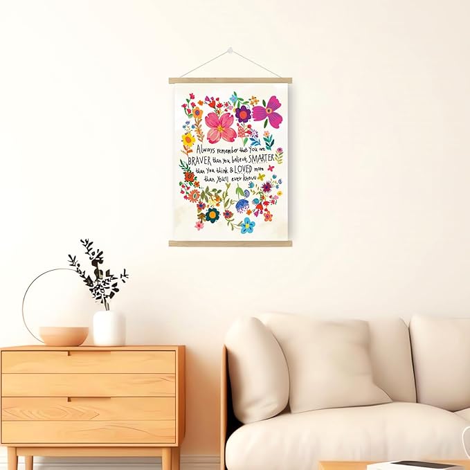 Qswo Inspirational Quotes Wall Decor for Women,Always Remember That You Are Braver Than You Believe Wall Art Poster Hanger Frame,Motivational Hanging Canvas Wall Decor for Girl Room Home Office