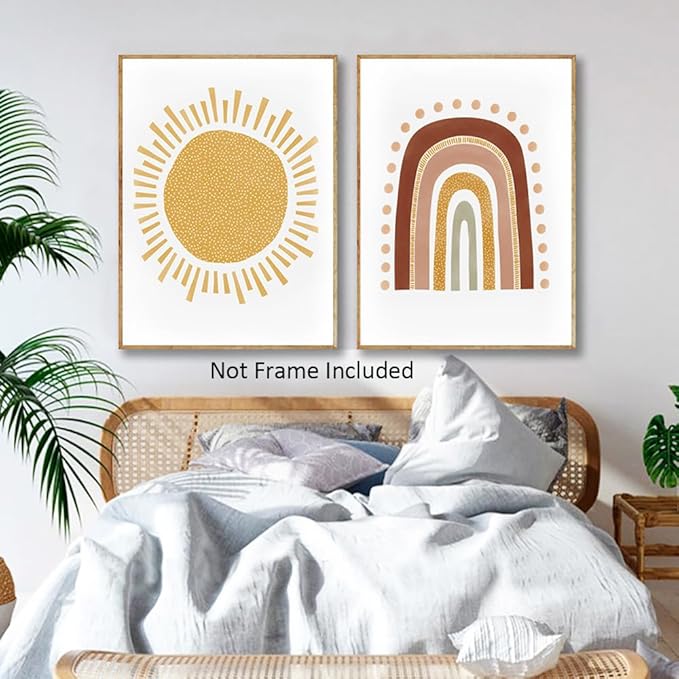 LUHDFYS Boho Wall Art Print,Mid Century Modern Abstract Rainbow and Sun Canvas Wall Art,Minimalist Nursery Decor for Baby Room,Kids Home Decor,Unframed
