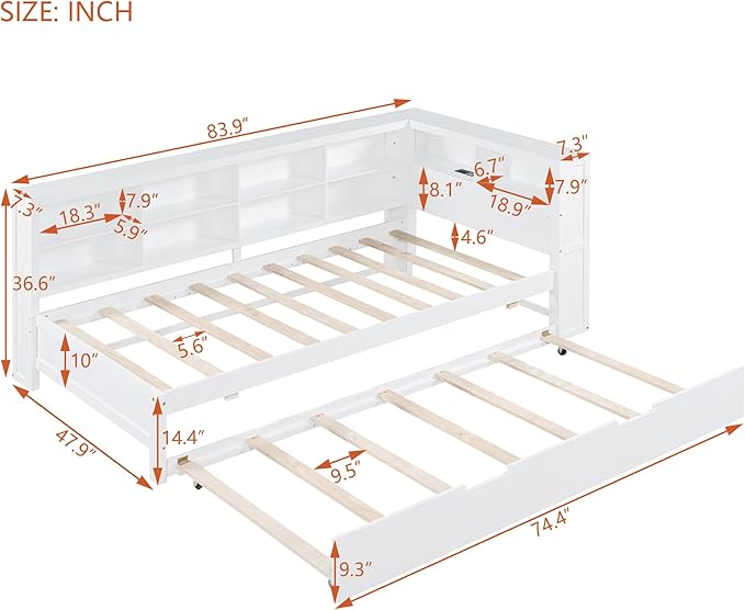 Harper & Bright Designs Twin Size Daybed with Trundle and Charging Station, Wooden Twin Storage Bed Frame with L-Shaped Bookcases, Twin Platform Bed with Shelves for Kids Girls Boys, White