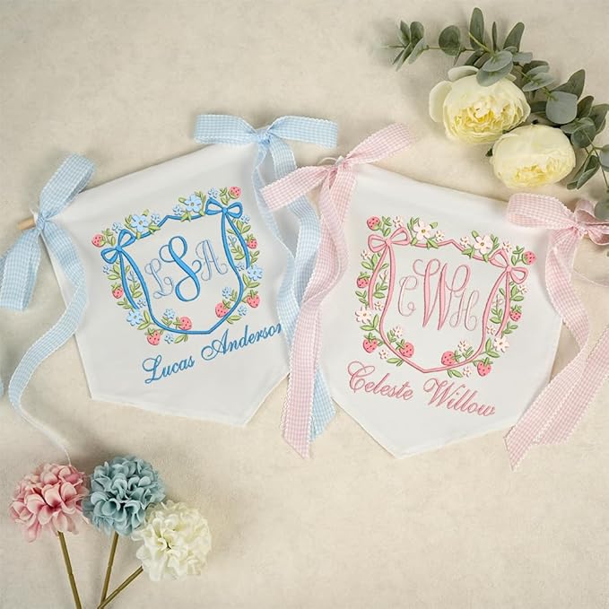 Embroidered Baby Name Sign with Bows Personalized Baby Announcement Sign Newborn Baby Banner Baby Hospital Name Sign Canvas Hanging Pennant Flag Custom Infant Baby Name Baby Shower Banner (16)