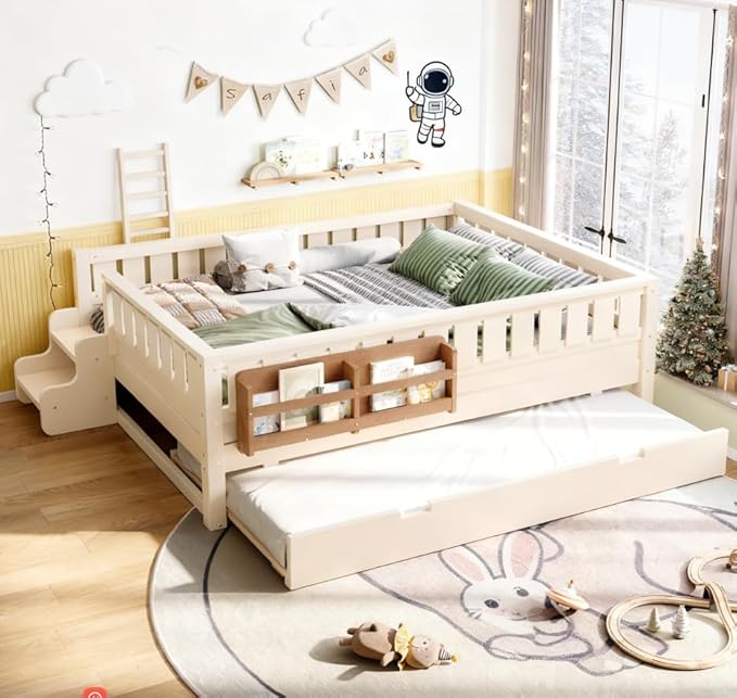 Bellemave Full Size Kids Bed with high Rails and with Built-in Bookshelf and Trundle for Kids, Girls, Boys, Wood Montessori Bed Without Door, Beige