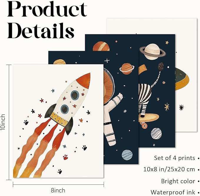 VONTP Space Animal Nursery Kids Wall Art Decor, Space Rocket Planet Lion Zebra Nursery Prints Poster Wall Decorations for Kids Girls Boys Toddler Room Bedroom Playroom, 8x10 Inch Set of 4 (Unframed)