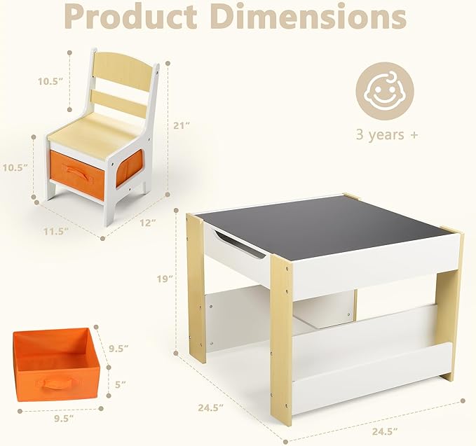 Kinder King Kids Wood Table & 2 Chairs Set, 4 in 1 Children Activity Table w/Double Bookcase, Blackboard, Toddler Furniture Set for Art, Crafts, Drawing, Reading, Playroom, Natural