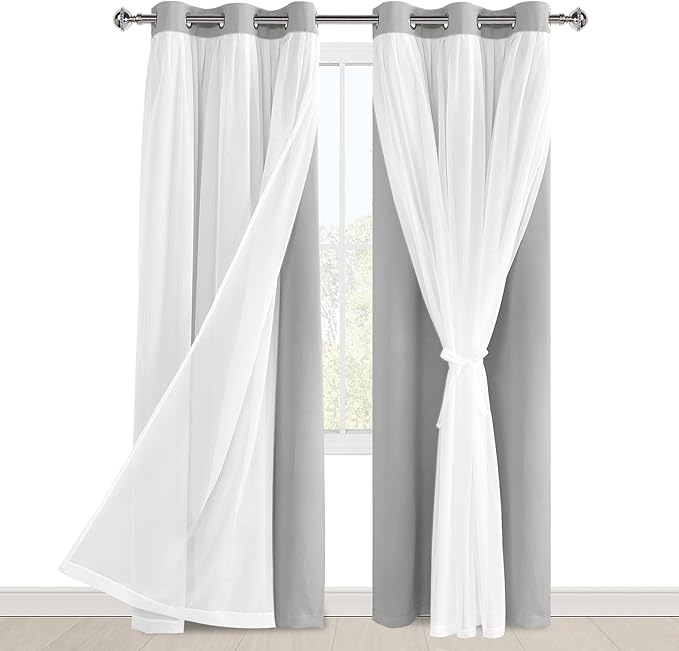 Hiasan Blackout Curtains with Sheer 84 Inches Long, Grommet Thermal Insulated Mix & Match Double Layer Window Curtains for Bedroom, Living Room, 2 Drape Panels with Tiebacks, Silver Grey, 38W X 84L