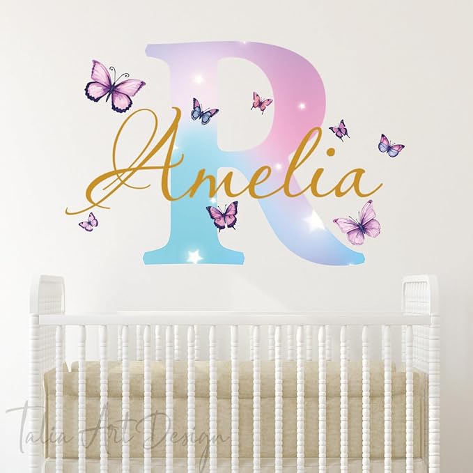 Watercolor Butterfly Name Wall Sticker, Custom Name Wall Decals for Girls Room and Nursery