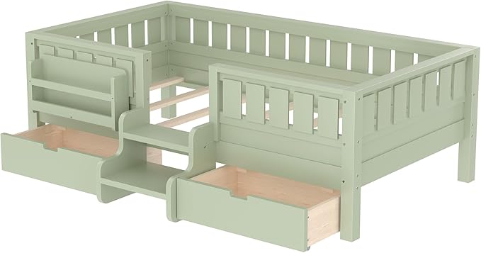 Bellemave Twin Bed with Slats and Stairs, Twin Size Platform Bed Frame with Fence, Bookshelf and Storage Drawers, Easy Assemble Beds for Kids, Girls, Boys, Green