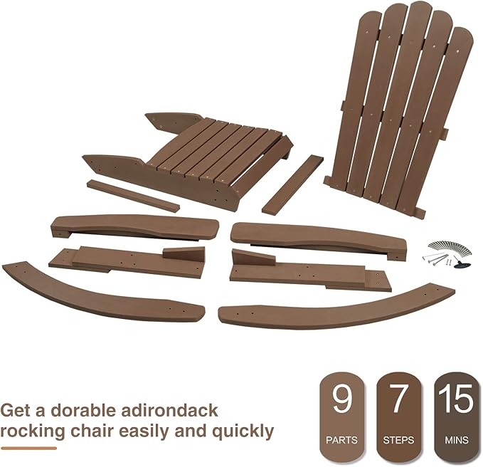 Psilvam Outdoor Adirondack Patio Rocking Chair, Poly Lumber Porch Rocker with High Back, Outdoor Rocking Chairs Set of 2 (Brown)