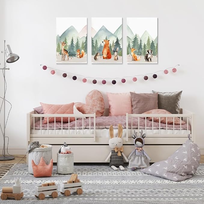 Forest Animals Mountain Adventure Nursery Decor, 3 Piece Watercolor Nusery Wall Art for Boys, Woodland Nursery Wall Decor, Baby Boy Girl Safari Room Wall Art, Framed Canvas, 12"x16"