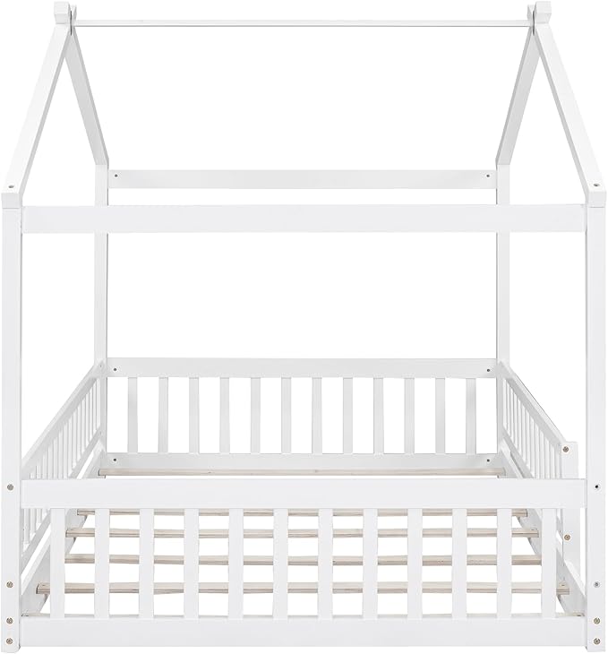 Merax Full Size Wooden House Bed with Fence, Wood Bed Frame with Roof and Safety Guardrail for Kids, Teens, Boys or Girls, 57" L x 62.9" W x 79.5" H, White