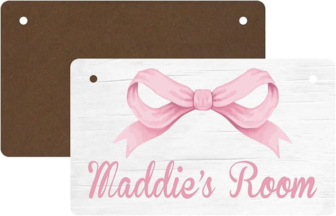 Personalized Pink Bow Kids Room Door Sign Custom Name Boys Girls Bedroom Decor Toddler Baby Nursery Wood Art Wall Plaque 12x6 Inches
