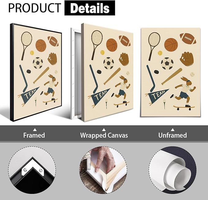 Sports Posters for Boys Bedroom, Boy Nursery Canvas Wall Art, Cute Animal Athletes & Sports Equipment Pictures, Charming Quotes Take Me Out To The Ball Game Play All Day Print 8x12in Wrapped Canvas
