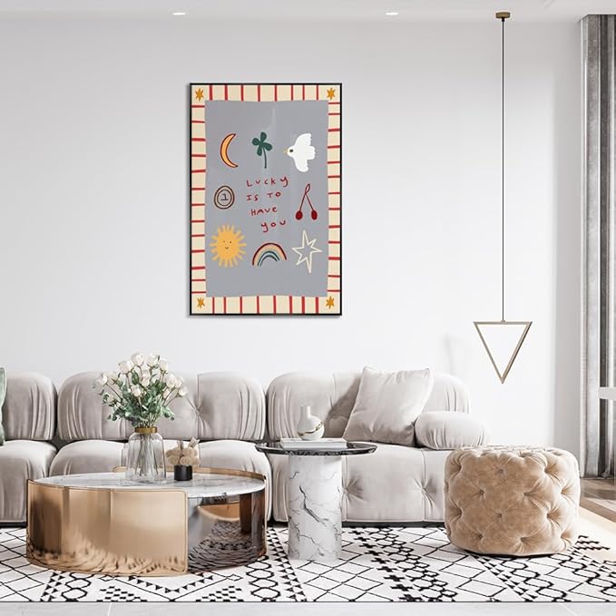 Colorful Cute Cartoon Posters Lucky Is To Have You Inspirational Wall Art Boho Nursery Positive Affirmations Canvas Minimalist Print Decor Picture for Kids Bedroom Playroom 12x16inch Metal Black Frame