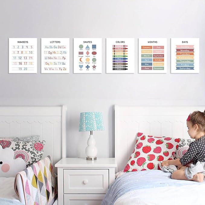 Framed Set of 6 Alphabet Poster, Abc Chart, Number Chart Educational Posters For Classroom Homeschool Preschool Supplies, for Kids Ages 3-5 Baby Girl Nursery Wall Decor (8 x10 inch Framed)