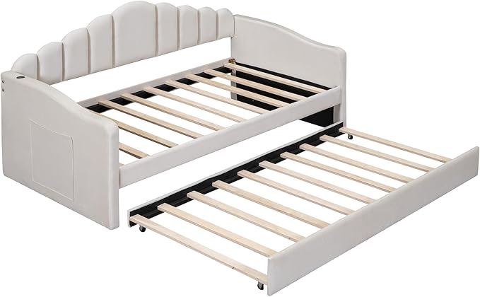 Bellemave Twin Size daybed with Trundle for Adults, Kids, Girls, Teens, daybeds with Trundle for Living Room, Velvet, Beige(Mattress not Included)