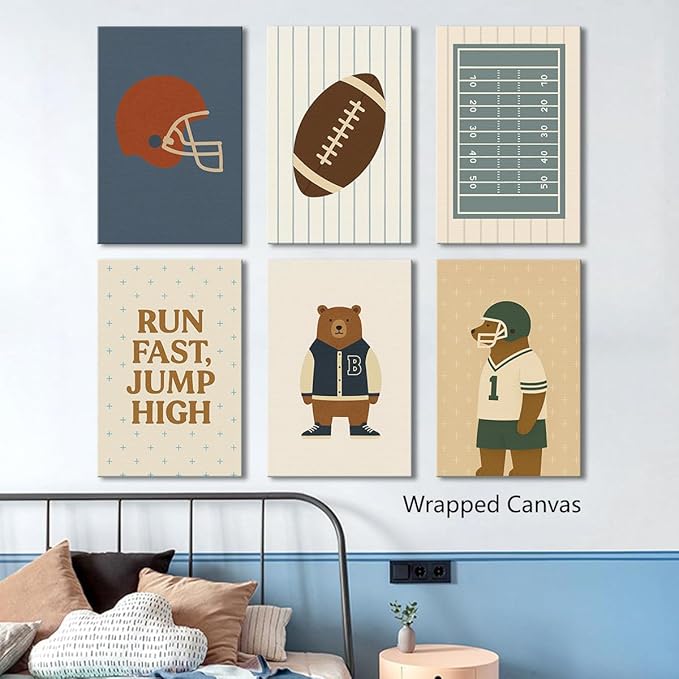 Football Poster Canvas, Baby Boy Sports Nursery Wall Art, Animal Bear Athletes Pictures, Run Fast Jump High Charming Quote Print, Kids Bedroom Soccer Equipment & Field Decor 8x12in Unframed