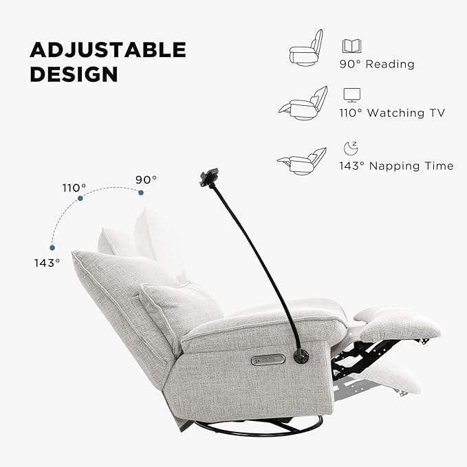 Nouhaus Swivel Nursery Recliner Glider, Oversized Electric Rocker Recliner Chair with USB & Type-C Port, Wireless Charger Phone Holder, Reclining Rocking Chair for Nursery (Snooze Modern, Elder White)