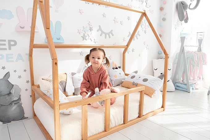 BUSY WOOD Toddler Floor Bed Frame - Montessori Floor Bed for Toddlers - Bed Frames Montessori - Kids Floor Bed- House Bed Frame - Twin Floor Bed Toddler, Queen, Full, Small, King (Model 1)