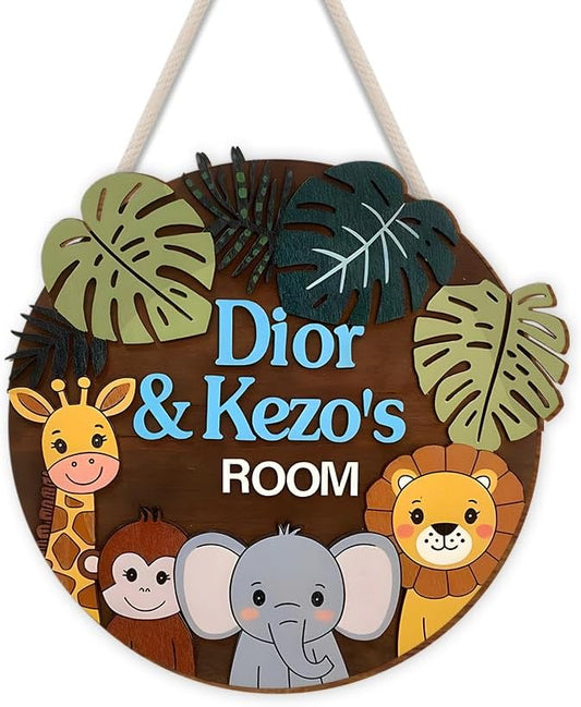 Jungle Theme Wooden Name Sign | Personalized Door Hanger for Nursery Wall Art, Bedroom Decoration, and Playroom Wooden Wall Décor