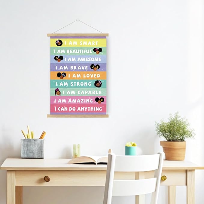 Qswo Positive Affirmations Wall Decor for Girls,I Am Smart Black Girl Wall Art Poster Hanger Frame,Inspirational Hanging Canvas Wall Decor for Girls Room Dorm Nursery