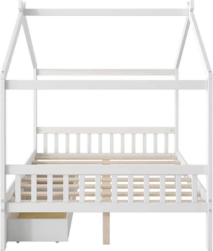 Harper & Bright Designs Full Size House Bed Frame for Kids, Wood Playhouse Platform Bed Frame with Two Drawers and Fence, Roof Design, White