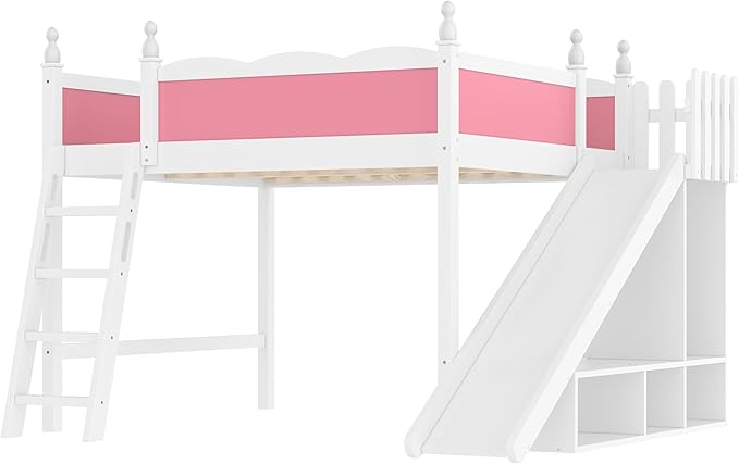 SOFTSEA Queen Size Loft Bed with Slide & Shelves, Kids Wood Loft Bed with Open Shelves and Cabinet, Playhouse Bed Frame with Detachable Slide and Ladder for Kids Girls, Pink + White