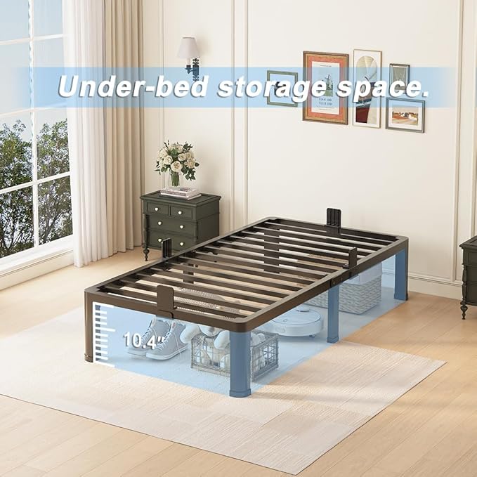12 inch Twin Bed Frame with Round Corner Legs Mattress Slide Stopper,3500 lbs Heavy Duty Metal Platform,No Box Spring Needed,Steel Slat Support,Easy Assembly,Noise Free