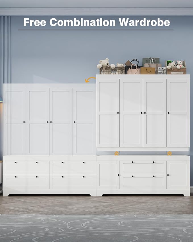 8 Door Large Wardrobe Closet 71" Tall White Wooden Freestanding Storage Armoire – Oversize Capacity Modular Cabinet with Drawers, Space-Saving Durable Design for Bedroom & Closet Organization