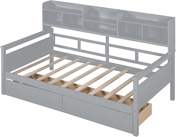 Harper & Bright Designs Twin Daybed with Storage, Wood Twin Size Bed Frame with Bookcase Headboard and 2 Drawers, Twin Sofa Bed with Shelves for Living Room Bedroom, No Box Spring Need, Grey