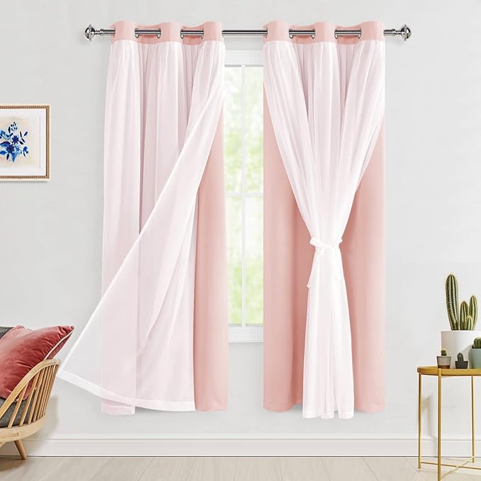 Hiasan Blackout Curtains with Sheer Overlay, Thermal Insulated Mix & Match Double Layer Room Darkening Window Curtains for Bedroom,Living Room, Nursery 2 Panels with Tiebacks(42W X 63L,Blush Pink)
