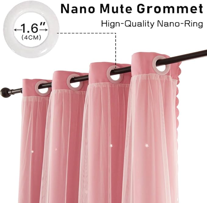 Pink Curtains for Girls Room - Aesthetic Star Cutout Blackout Double Layer with Sheer Overlay, 72 Inch Length 1 Panel Kids Bedroom Curtain Cute Nursery Decor Drapes