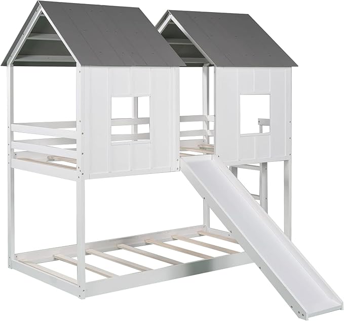 Twin Over Twin Wood House Bunk Bed with Slide and Windows, White